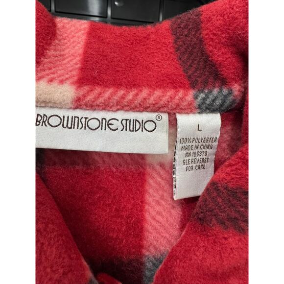 "BROWNSTONE STUDIO" Button Up Fuzzy Fleece Blazer Cardigan Jacket Red Plaid SZ L - Picture 6 of 8